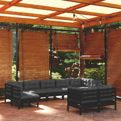 vidaXL Set mobilier grădină cu perne, 9 piese, negru, lemn masiv pin foto
