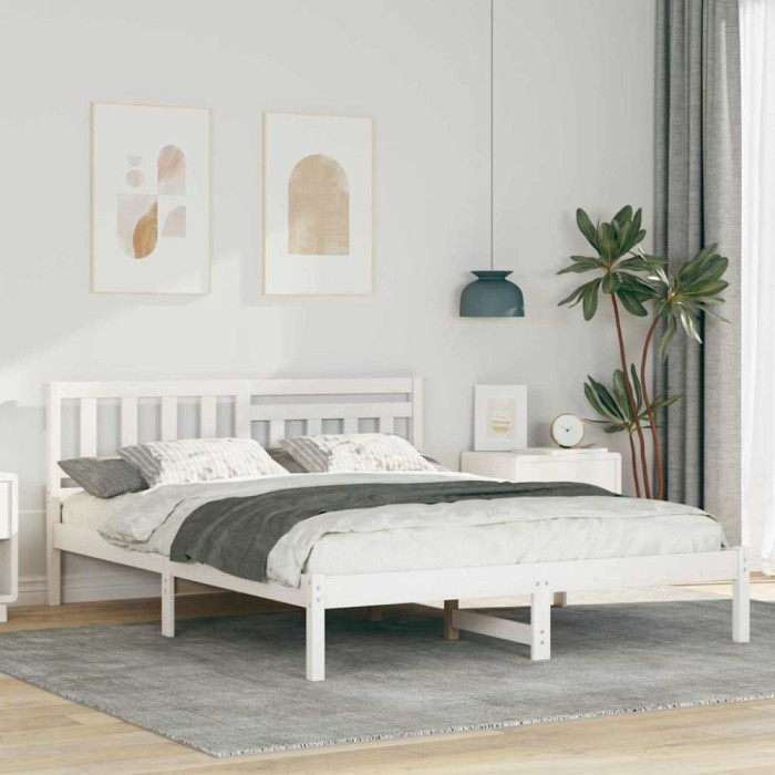vidaXL Cadru de pat cu headboard Alb 150 x 200 cm Lemn masiv de pin 872228