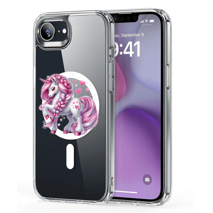 Husa pentru iphone 16e, atasare magnetica, magsafe, unicorn pink, clear