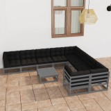 Cumpara ieftin Set șezlonguri grădină cu perne, 10 piese, gri, lemn masiv pin