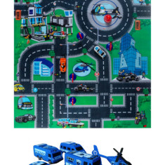 Set 4 masinute, 1 elicopter si mocheta tip covor de joaca pentru copii, model cu oras, pentru dezvoltarea perceptiei spatiale, cu strazi, ideal lca lo