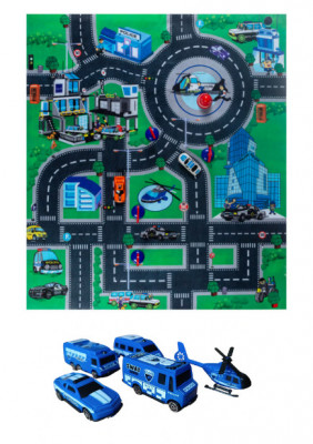 Set 4 masinute, 1 elicopter si mocheta tip covor de joaca pentru copii, model cu oras, pentru dezvoltarea perceptiei spatiale, cu strazi, ideal lca lo foto