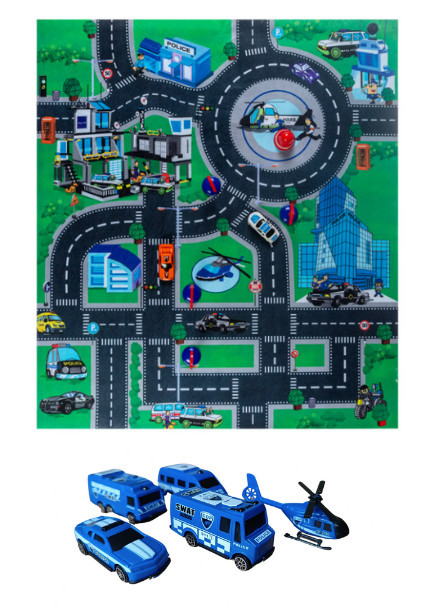 Set 4 masinute, 1 elicopter si mocheta tip covor de joaca pentru copii, model cu oras, pentru dezvoltarea perceptiei spatiale, cu strazi, ideal lca lo