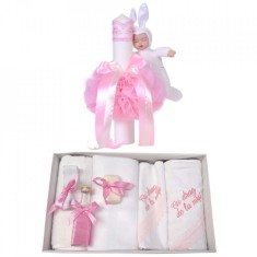Trusou botez cu mesaj si lumanare cu iepuras, decor roz, Denikos&reg; 546