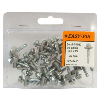 Surub autoforant pentru tabla, cu cap hexagonal + saiba EPDM, Easy-Fix, din otel, zincat alb, 4.2 x 22 mm, set 25 bucati foto