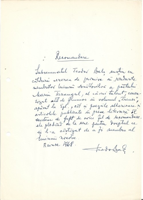 A3568N Teodor Balș (Emilian Ilarion Bălășescu), act scris și semnat olograf, 1968