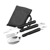 Set 3 tacamuri pliabile, lingura, furculita, cutit, otel inoxidabil, 17 cm, negru, husa