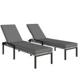 Outsunny Set de 2 șezlonguri Polyrattan, șezlong de grădină cu spătar reglabil &icirc;n 5 poziții, pernă, p&acirc;nă la 120 kg, Gri deschis | Aosom Romania