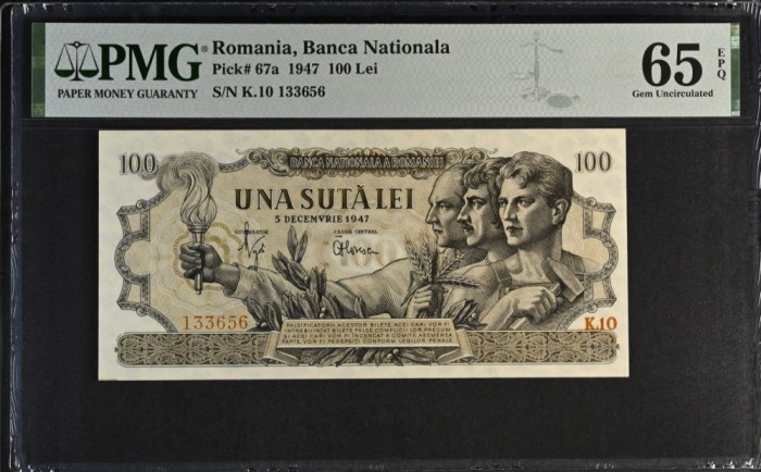100 lei decembrie 1947 BNR PMG65 unc bancnota gradata