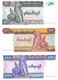 Bancnota Myanmar 20, 50 si 100 Kyats (1994-97) - P72-74 UNC ( set x3 )