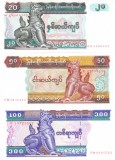 Bancnota Myanmar 20, 50 si 100 Kyats (1994-97) - P72-74 UNC ( set x3 )