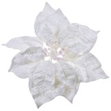 Ornament Crăciun, Floare Cu Clips, Model Crăciuniță, Culoare Alb, Material Poliester, Glitter, 25 cm
