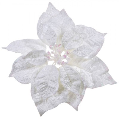 Ornament Crăciun, Floare Cu Clips, Model Crăciuniță, Culoare Alb, Material Poliester, Glitter, 25 cm foto