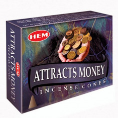 Conuri parfumate Attracts Money, gama profesional HEM, descopera potentialul de castiguri, 10 conuri (25g) aromaterapie, suport metalic inclus foto