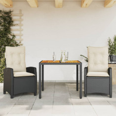 Set mobilier de gradina cu perne, 3 piese, negru, poliratan