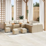 Set de Canapea de Grădină vidaXL 14 Piese cu Perne Bej Ratan Polimeric Acacia, Set de Dining de Grădină vidaXL 4 Piese cu Perne Bej Ratan Polimeric Ac