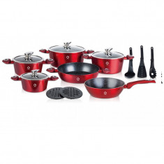 Set oale 15 piese Grunberg, 6 vase compatibile plita inductie, 4 capace, 3 ustensile, 2 suport, Rosu