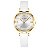 Ceas Dama CURREN 9079 Alb-Auriu , Ceas Elegant cu Bratara din Piele Alba, Cadran Alb si Carcasa Aurie