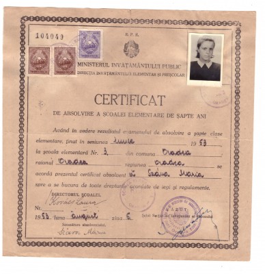 Cerificat RPR de absolvire scoalei elementare de sapte ani, 1953 foto