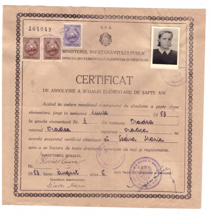 Cerificat RPR de absolvire scoalei elementare de sapte ani, 1953