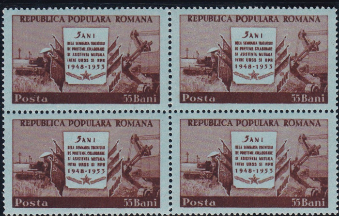 ROMANIA 1953 LP 340 - 5 ANI TRATATUL DE PRIETENIE CU URSS BLOC DE 4 TIMBRE MNH