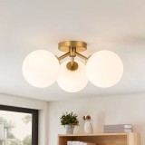 Cumpara ieftin Lustra moderna cu 3 brate si globuri albe din sticla, dulie E27, culoare corp auriu, diametru 40cm