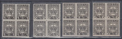 ROMANIA 1932/1938 TAXA DE PLATA COROANA CU FILIGRAN EMISIUNEA I a BLOCURI DE 4 TIMBRE MNH foto