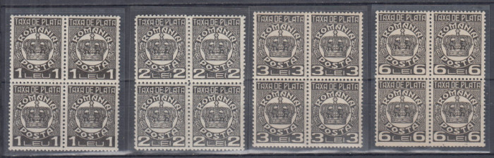 ROMANIA 1932/1938 TAXA DE PLATA COROANA CU FILIGRAN EMISIUNEA I a BLOCURI DE 4 TIMBRE MNH
