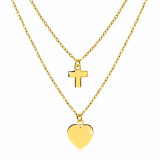 Colier din aur galben 14K - inimă simetrică lucioasă și contur de cruce