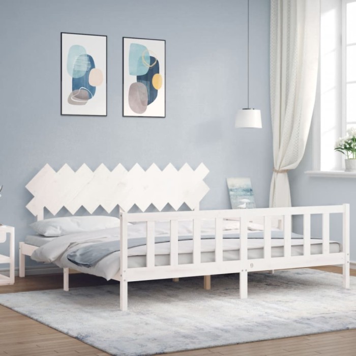 Gossi cadru pat cu tablie 200x200 cm, alb, lemn masiv