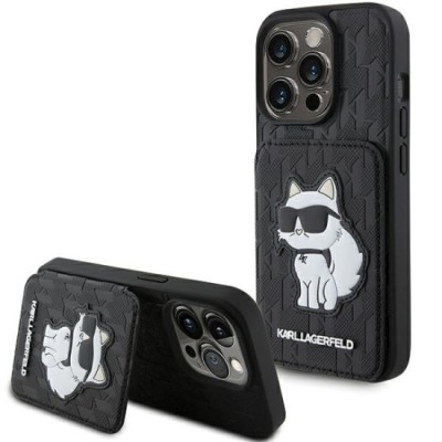 Husa pentru iPhone 15 Pro Max - Karl Lagerfeld Saffiano Cardslots and Stand (KLHCP15XSAKCNSCK) - Monogram Choupette foto