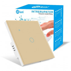 Intrerupator smart touch, WiFi, Sticla securizata, iUni 1G, 10A, Control vocal, Smart Life / Tuya, LED, Gold