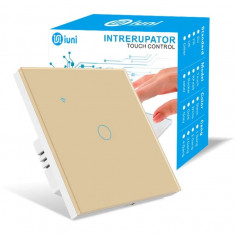 Intrerupator smart touch, WiFi, Sticla securizata, iUni 1G, 10A, Control vocal, Smart Life / Tuya, LED, Gold