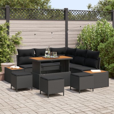 Set canapele gradina Gossi 9 piese cu perne negru ratan poliuretan acacia, set dining gradina Gossi 4 piese cu perne negru ratan poliuretan acacia foto