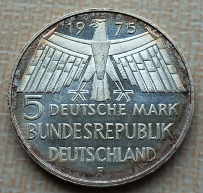 (S) MONEDA DIN ARGINT GERMANIA - 5 MARK 1975, LIT. F, PROTECTIA MONUMENTELOR foto