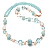 Cumpara ieftin Colier Argint 925 Placat Aur Roz, Cuarț, Amazonit, Acvamarin, Perle Cultură, 75cm, Bijuterie Handmade Made in Italy