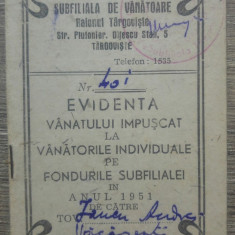 Carnet Evidenta vanatului impuscat/ Raionul Targoviste, 1951