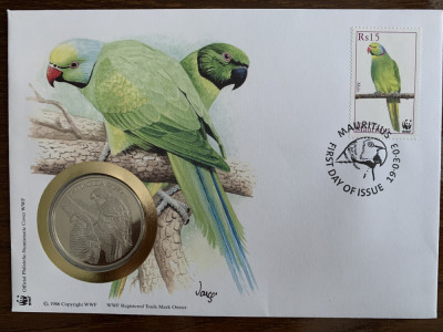 Mauritius - pasari - papagal - FDC cu medalie, fauna wwf foto