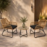 Set mobilier de gradina din ratan cu 2 scaune, perne si masa rotunda