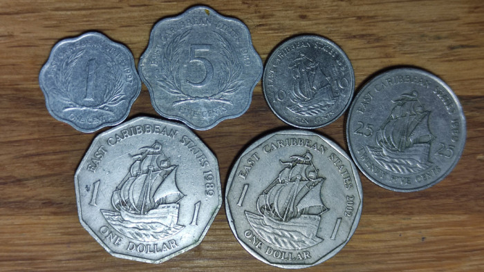 Statele Est Caraibiene / Caraibe - set exotic - 2 x 1 dollar + 1 5 10 25 cents