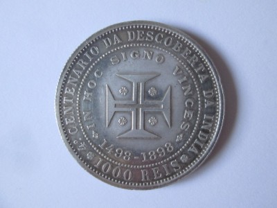 Rara! Portugalia 1000 Reis 1898 argint,moneda comemorativa 400 de ani de la descoperirea Indiei,in stare foarte buna,diametrul:37 mm,greutate:25 grame foto