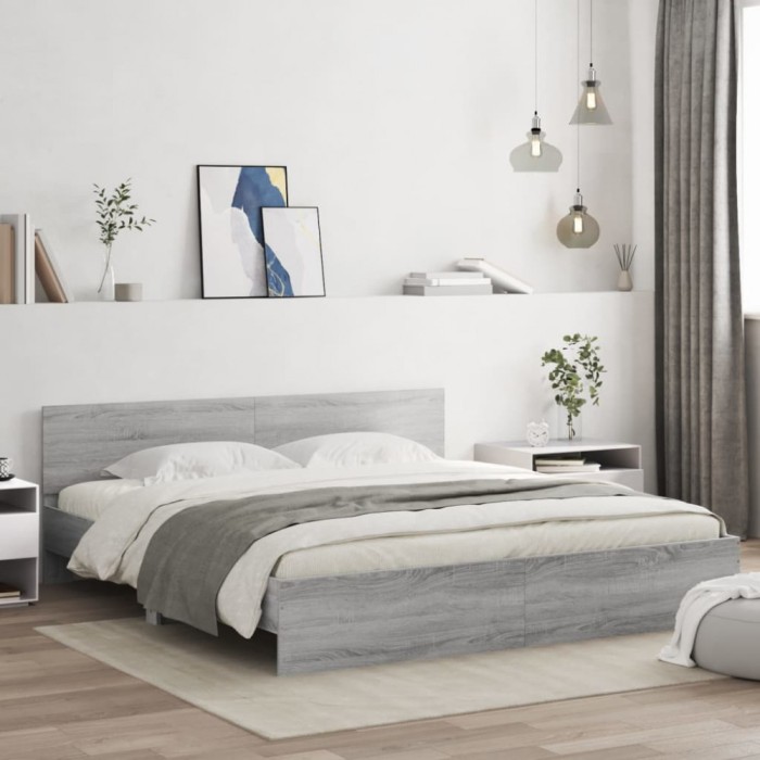vidaXL Cadru de pat cu tăblie și LED, gri sonoma, 200x200 cm 3207586