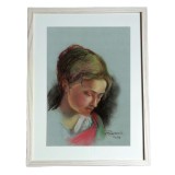 G22. Tablou, Romantism original in pastel, inramat, 32x42cm, Portrete, Impresionism, RavariuArt