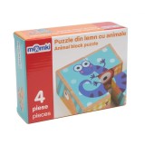 Puzzle Lemn Animale MomKi 4 Piese, Joc Educativ, Bufnita, Arici, 2 Ani+