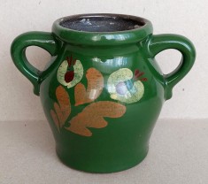 Mica ulcea cu 2 toarte din lut negru, ceramica traditionala pictata manual