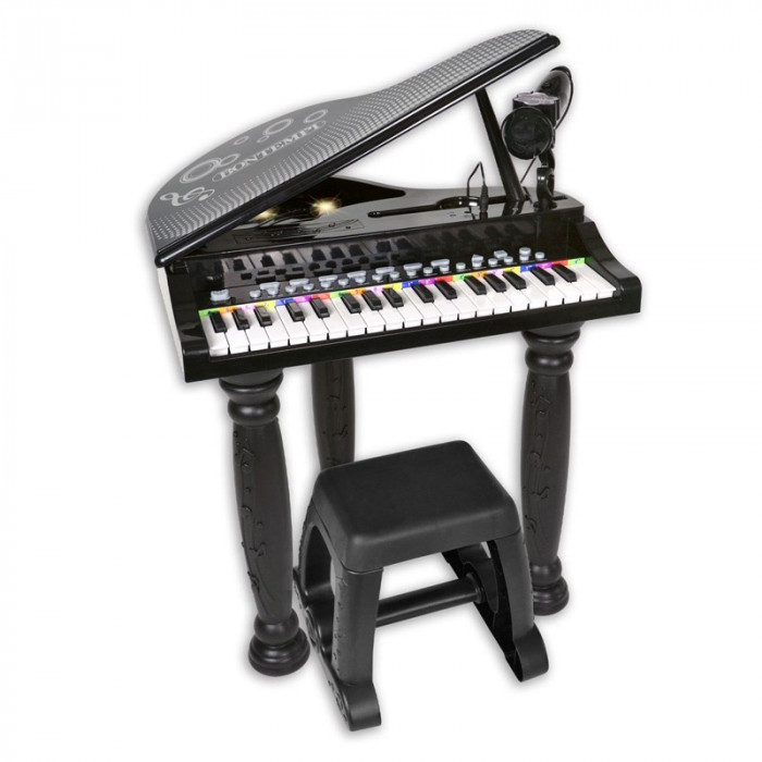 Mini pian pentru copii Bontempo, inaltime 60 cm, 8 sunete, 4 ritmuri, microfon si scaun incluse, 3 ani+