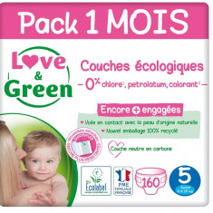 Scutece bebelusi Love Green - Marimea 5 (11-25 Kg) - Pachet 1 luna (160 scutece) , anti-scurgere - NOU