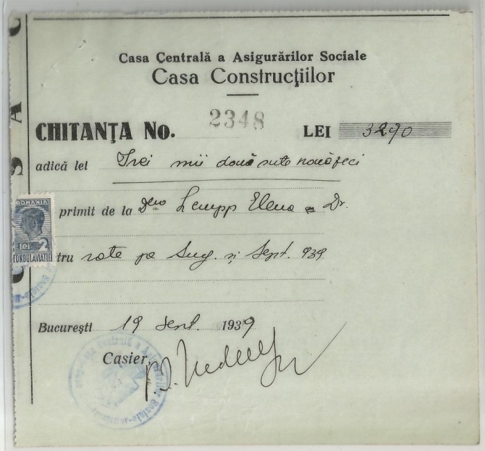 Romania, Casa Centrala a Asigurarilor Sociale, Casa Constructiilor, Chitanta (I), 1939