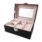 Cumpara ieftin Caseta Bijuterii Piele Ecologica Neagra, Interior Roz, 3 Spatii Inele, Cercei, Butoni, Watchbox WZ3708