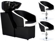Set scafa frizerie Greta White ?i 2 x scaune pentru coafor frizerie hidraulice, lavoar din ceramica foto